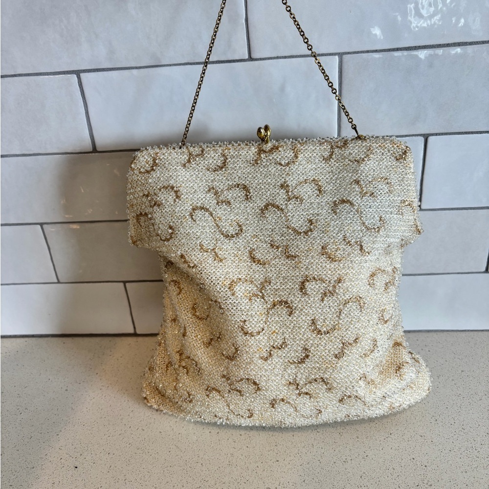 Vintage Beaded Purse Lumured Corde Bead Purse Gold cream 40'S